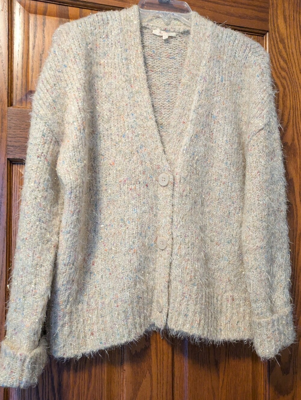 Mystree Oh So Cozy! Tan Speckled/Gold Button-Front Cardigan Sweater - Size L